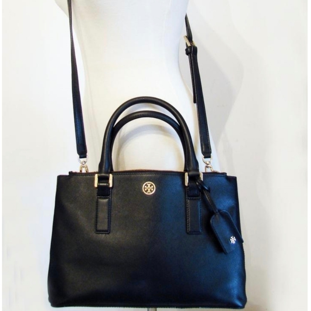 Tory Burch Crossbody Robinson Mini Double Zip Black Saffiano Leather Tote